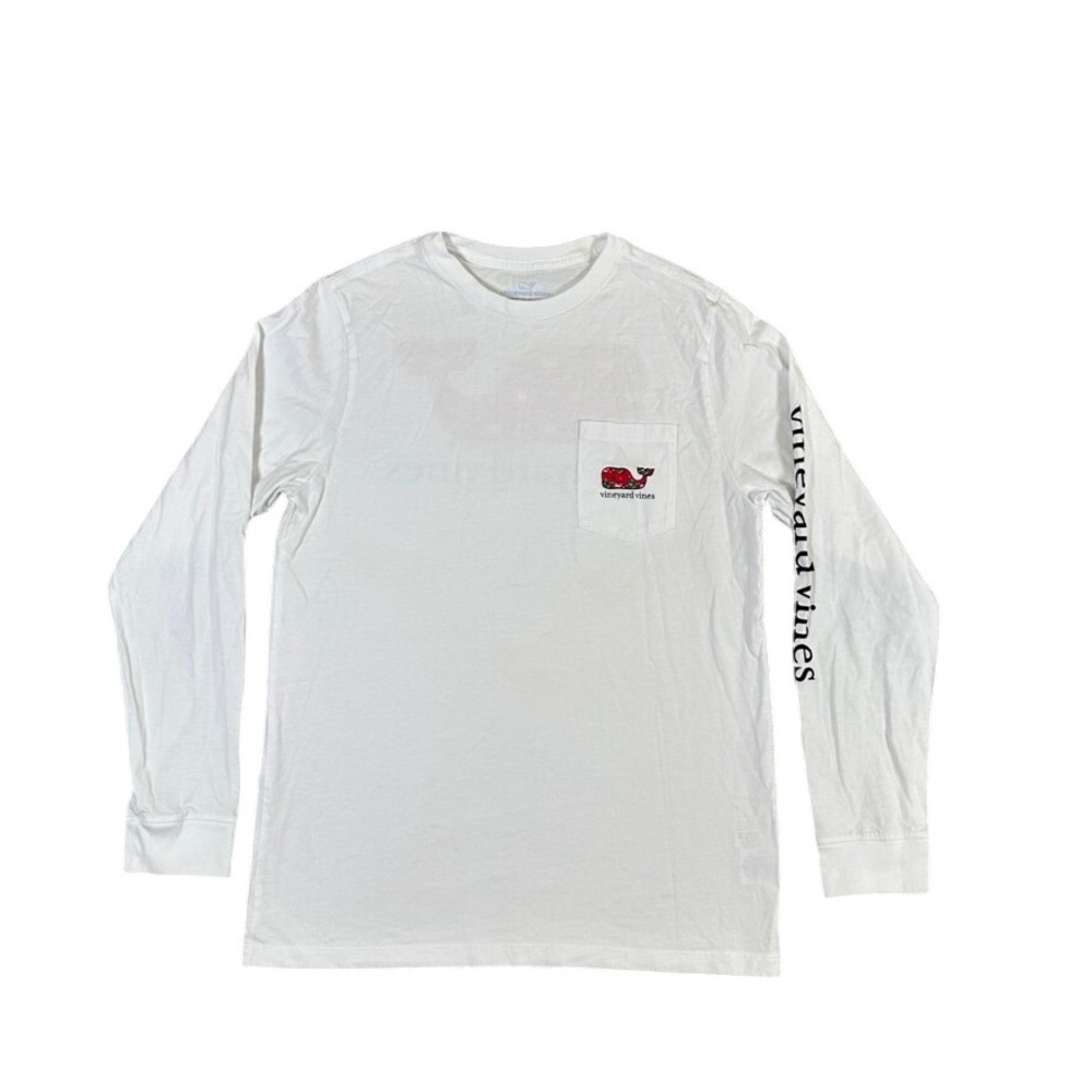 Vineyard Vines Boys Large White Christmas Whale Long Sleeve Pocket T-Shirt